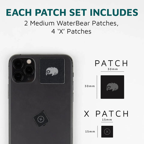 Pocket Size Universal Screen Cleaning Patch For Lenses And Devices shown on a smartphone, includes WaterBear and X patches, dimensions labeled.