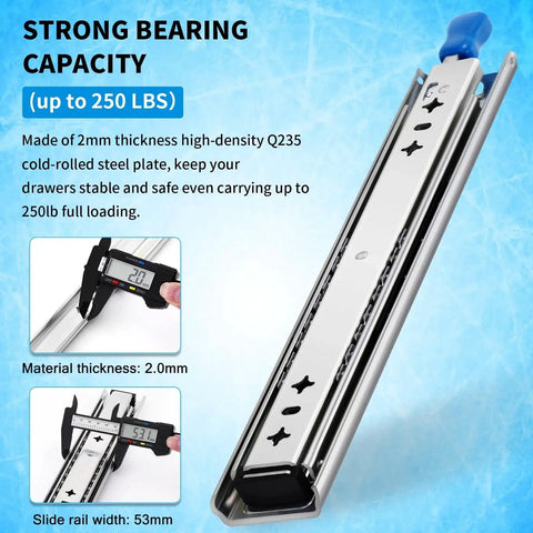 Heavy Duty Locking Drawer Slides With Full Extension Runners Side Mount Ball Bearing Rails Track Glides 250 Lbs showing close-up details, material thickness, and slide rail width.