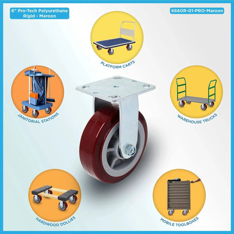 Heavy Duty Industrial Casters 6 Inch By 2 Inch With Top Plate 4 By 4.5 Maroon Two Rigid And Two Swivel Casters With Top Lock Brakes