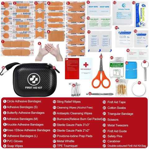 Go-To 185-Piece Waterproof First Aid Kit for Home Car Travel Camping Outdoor Adventures with visible bandages and tools