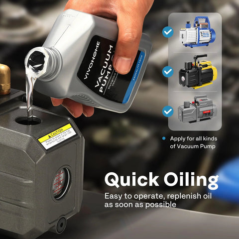 VIVOHOME vacuum pump oil bottle 330ml pouring into a gray HVAC vacuum pump