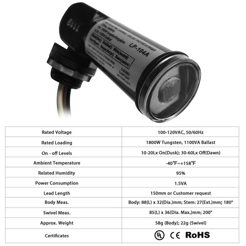 Outdoor Dusk To Dawn Photoelectric Sensor With Swivel Mount and technical specifications table