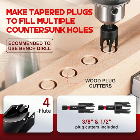 22 Piece Countersink Drill Bit Set For Wood With Self Centering Bits Pro Grade Wood Plug Cutters And Screwdriver Bits Magnetic Extension Bit Holder One Quarter Inch Hex Shank In Durable Storage Box showing plug cutters making tapered plugs in wood