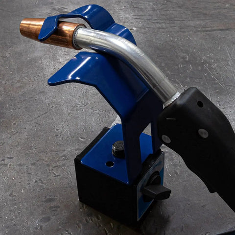 Close-up of Magnetic Base MIG Welding Torch Holder Pro Grade With Secure Positioning And Effortless Mobility for workshop use.