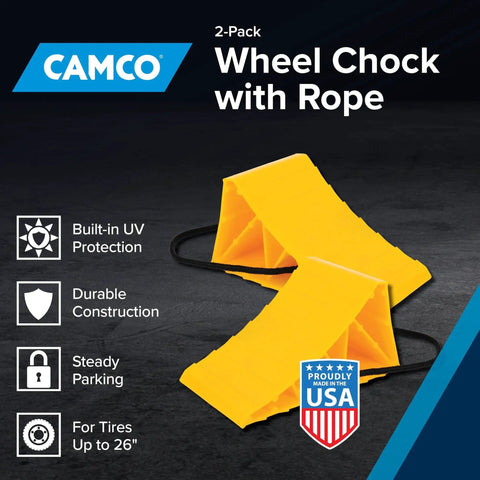 Two Pack Heavy Duty RV Wheel Chocks With Rope For Trailers Up To 26 Inches, yellow plastic, UV-resistant, with attached rope