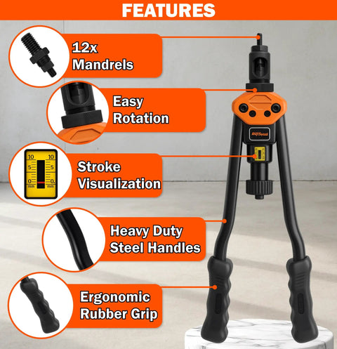 Heavy Duty Rivet Nut Tool Kit With 16 Inch Rivet Gun Including 12 Interchangeable Mandrels And 200 Rivet Nuts For Metal Wood Auto Projects Rugged Carry Case Labor Saving Hand Riveter, featuring features and design highlights.