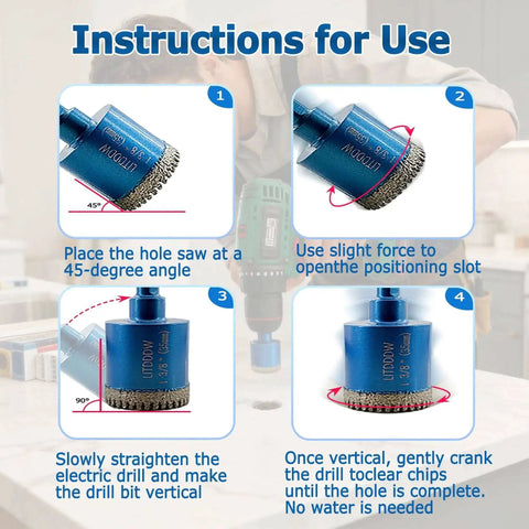 Instructional guide showing how to use 10 Piece Diamond Hole Saw Kit For Ceramic Tile And Stone Projects, Serrated Brazed Tile Hole Saws For Dry Or Wet Drilling, Core Drill Bit Set 1 Quarter Inch To 2 Inches, DIY Friendly Pro Grade Tools For Ceramic Porcelain Granite Marble And Stone on electric drill for precise hole cutting.
