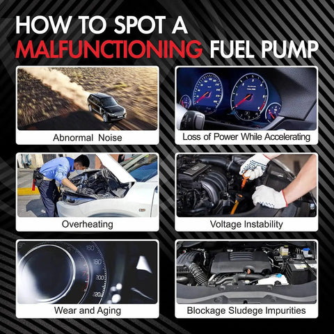 Signs of a malfunctioning fuel pump with images of abnormal noise, loss of power, overheating, voltage issues, wear, and sludge.