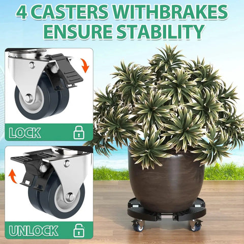 Lockable Wheel Plant Caddy Heavy Duty 450 Pounds Capacity with plant on adjustable rolling base with brakes for stability