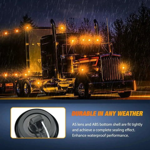 Truck with 2 Inch Round Amber Marker Light With 9 LEDs, Flush Mount Clearance Light in rain