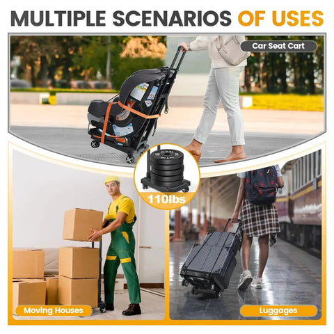 Folding Car Seat Travel Cart With Four Wheels And Adjustable Handle for airport mobility, showing car seat and luggage uses