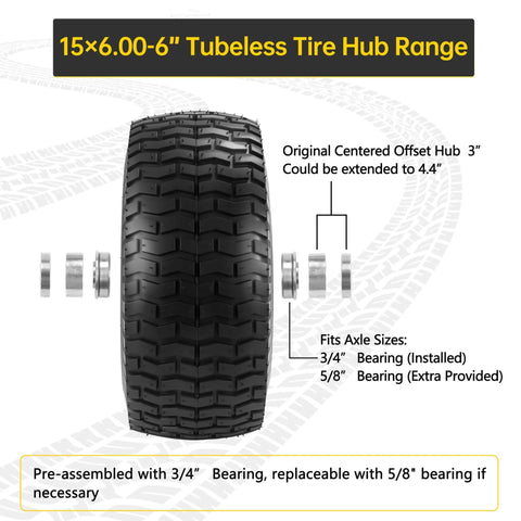Front view of Two Pack 15x6.00-6 Lawn Mower Tire And Wheel Set For Front Replacement On Most 100 And 300 Series Riding Mowers.