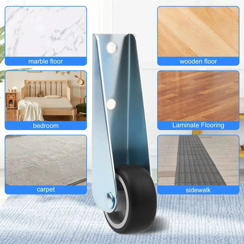 2 Pack Gate Caster Wheels Replacement with rubber non-slip wheel shown with flooring compatibility illustrations.
