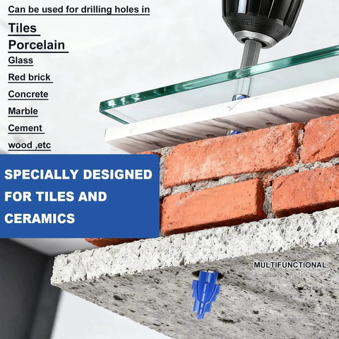 Drill bit penetrating glass, red brick, and concrete; Five Pack One Eighth Inch Masonry Tile Drill Bits With Hex Shank Step Style.