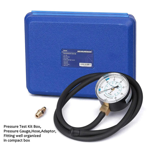 Gas Manifold Pressure Test Kit 0-35 WC For Natural LP Gas 40 Inch Hose 1/4 NPT shown with gauge and blue case