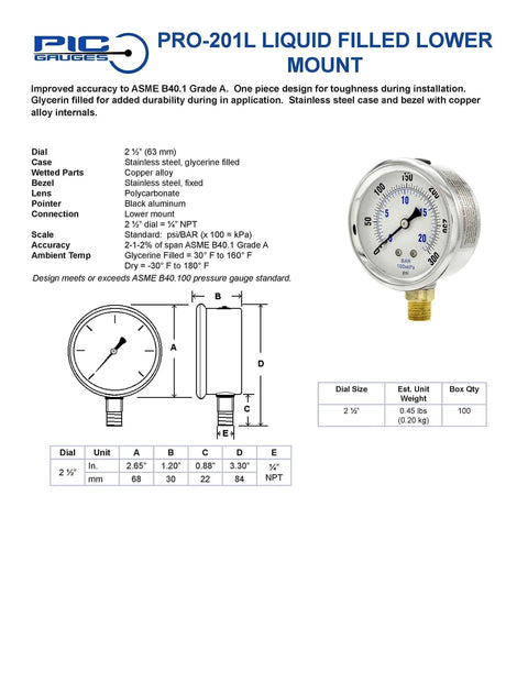 Heavy Duty Dual Scale Vacuum And PSI Pressure Gauge With Two And A Half Inch Dial One Quarter Inch Male NPT Bottom Mount Glycerin Filled Stainless Steel Case And Bezel Brass Internals And Plastic Lens For Air Water Fuel Gas And Oil Pressure