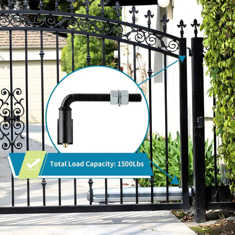 Heavy Duty J Bolt Gate Hinge For Welding Iron And Steel Gates With A Half Inch Bolt Adjustable Barrel, shown on a black gate.