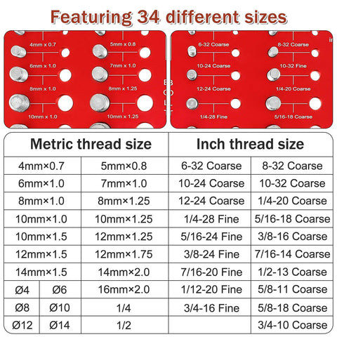 Pro Grade Nut And Bolt Thread Checker With Inch And Metric Gauge Aluminum Alloy Precision Tool For Identifying Thread Size Go No Go ANSI Class 2B Standards 34 Nut And Bolt showing 34 sizes on red gauge.