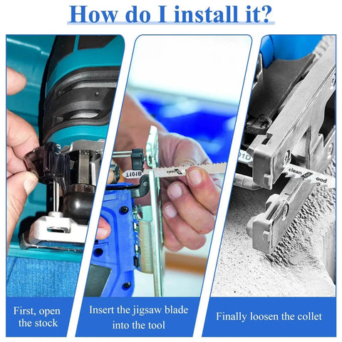 Instructions for installing 10 Piece Jigsaw Blades Set With T Shank For Wood Metal And Plastic Cutting, easy change system.