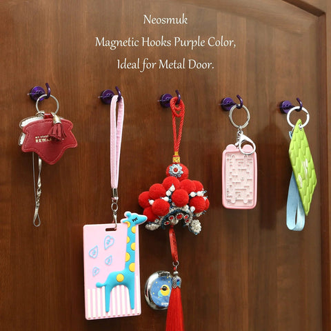 Heavy Duty Magnetic Hooks 30 Pound Capacity Pack Of 10 Purple NdFeB Hangers With CNC Steel Base in use on a metal door.
