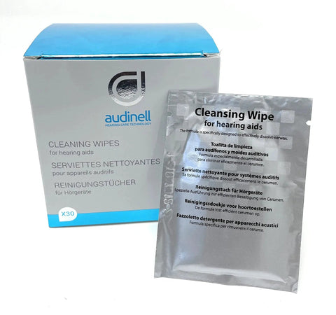 Box and packet of Alcohol Free Cleaning Wipes For Hearing Aids And Earbuds 30 Pack