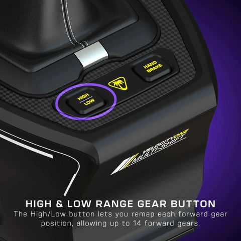 VelocityOne Multi-Shift sim racing shifter & handbrake, black, close-up with high/low gear button