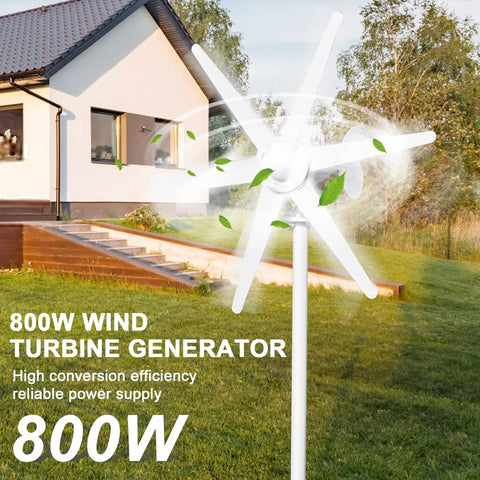 OSKOPWRC 800W wind turbine generator with 6 white blades on a tall pole in a grassy yard.