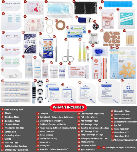 Contents of the All In One 400 Piece First Aid Kit For Home Office Car Outdoor Travel Camping Emergency Medical Bag Red Ideal For Wounds Scrapes Burns And Family Safety On The Go With Comprehensive Supplies VRIEXSD, displayed in a grid layout.