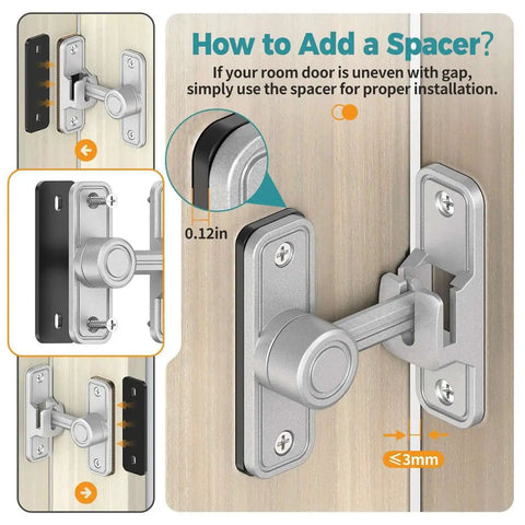 Heavy Duty 90 Degree And 180 Degree Barn Door Lock Made From Rust Proof Zinc Alloy installation guide with spacer features.