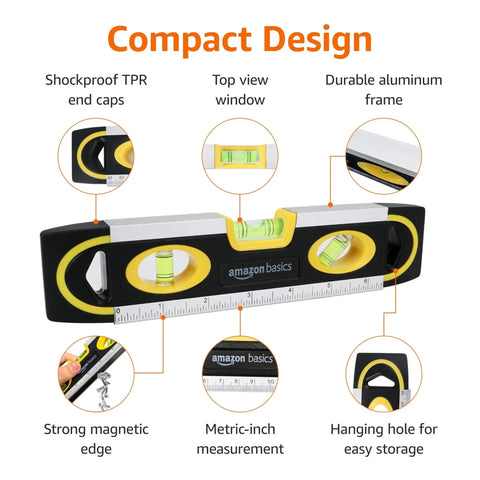 Compact 9-Inch Magnetic Torpedo Level With Built In Ruler Provides Quick, Accurate Checks On DIY Projects, Furniture Hanging, And Wall Alignment With A Magnetized Edge And 3 Vials At 180/90/45 Degrees For Reliable Results, shown with annotated features including shockproof TPR end caps and durable aluminum frame.