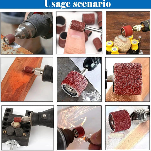 Complete Sanding Drum Set For Dremel Rotary Tools With Aluminum Oxide Sleeves used in various applications on different surfaces