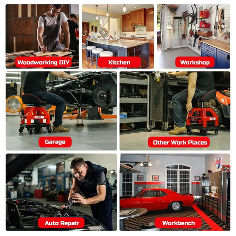Image collage showing uses of the Beefy Heavy Duty Rolling Shop Stool For Garage With Casters Adjustable Height 360 Degree Swivel Seat Tool Tray Storage 330 Lbs Capacity Padded Mechanic Stool Magnetic Tool Hold Red in various workspaces.