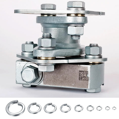 Stainless steel spring lock washer set with assorted sizes shown beside a metal clamp assembly and bolts.