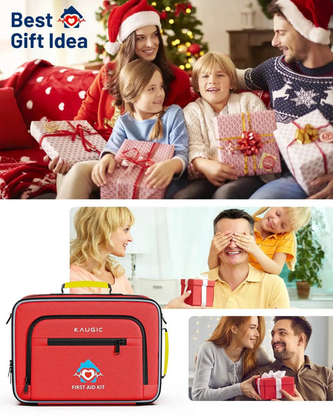 Family exchanging gifts with a 500 Piece First Aid Kit For Car Home Travel Camping Dorms Waterproof Trauma Medical Kit prominently featured.