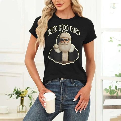 Woman wearing Women Santa Graphic Tee with Black Hat and Sunglasses, short sleeve crewneck, Xmas holiday top, cotton shirt.