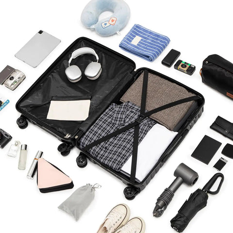 Open 28 inch suitcase from 5 Piece Luggage Set With Spinner Wheels ABS Hard Case Suitcases Include 28 Inch Large, showing organized packing for travel