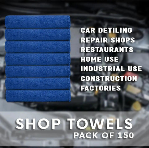 Blue shop towels stacked in front of an automotive background with text highlighting uses like car detailing and industrial use.
