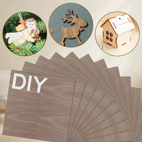 12 Pack Walnut Unfinished Wood Sheets 12 x 12 x 1 Eighth Inch 3mm Thick For Laser Cutting And Engraving CNC Routing Fretwork Painting Wood Burning And DIY School Projects displayed with DIY crafts.