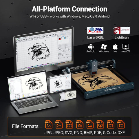 12W Desktop Laser Engraver For Wood, Leather, Acrylic And More, 300x300mm Work Area, engraving eagle design on wood with devices.