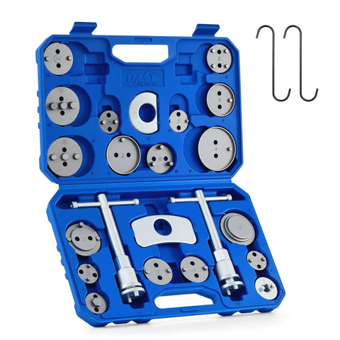 24 Piece Brake Caliper Compression Tool Set For Universal Disc Brakes With Piston Wind Back Kit And Blue Case DIY Friendly Heavy Duty Caliper Piston Compressor Tool Kit For Brake Pad Replacement By Orion Motor Tech in open blue case
