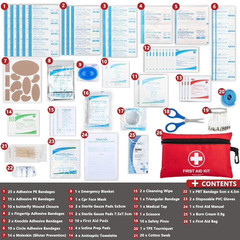 Contents of Ultra Portable 140 Piece First Aid Kit, showcasing bandages, scissors, CPR mask, and other emergency supplies by Atickyaid