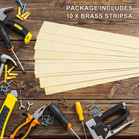 Ten brass strips with tools and fasteners, part of a twenty piece brass strip set with shim stock assortment, 1 inch by 12 inches.
