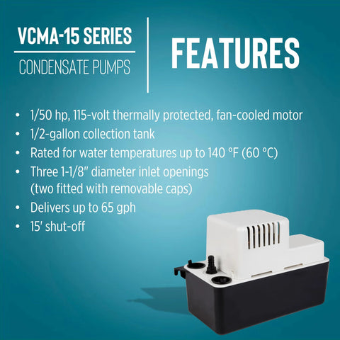 Little Giant VCMA-15UL condensate pump, white top housing with black base, teal background and features list.