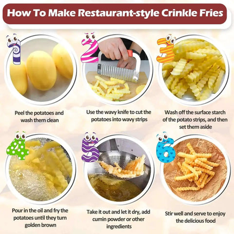 Steps on how to make crinkle fries with Extra Large Crinkle Cutter Wave Potato Slicer For Restaurants And Home Kitchens Commercial Grade Stainless Steel French Fry Cutter For Waffle Fries Cucumber And Veggie Slices With Durable Handle By JAYVAR.