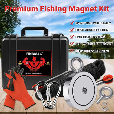 2625 Lb N52 Double Sided Fishing Magnet Kit With Rope for River Lake Beach including case, gloves, and accessories, front view