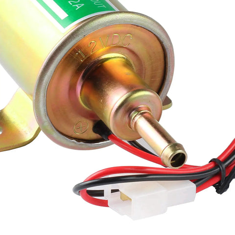 12V Inline Low Pressure Fuel Pump For Gas And Diesel With 2.5 To 4 PSI Output, 30 GPH Flow Rate, 8 Mm Hose Size, metal casing, close-up view