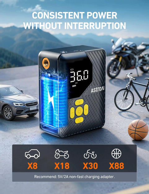 Compact Portable Tire Inflator For Cars Bikes And Balls With 150 PSI Pump Built In Tire Pressure Gauge And LED Light Ultra Quick Inflation For Car Truck Motorcycle And Bike AstroAI L7 Mini with LED display and charging information.