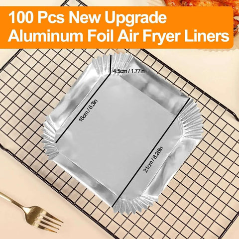 Heavy Duty Aluminum Foil Air Fryer Liners Pack Of 100 Pcs, 6.3 Inch Square, displayed on a cooling rack for easy cleanup