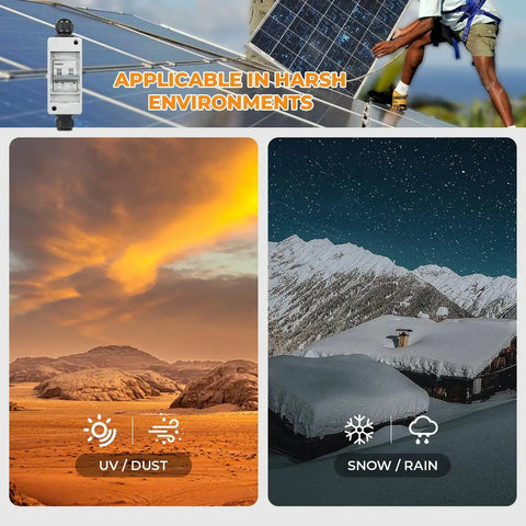 40Amp 550V DC Solar Panel Disconnect Switch applicable in harsh environments with UV, dust, snow, and rain protection.