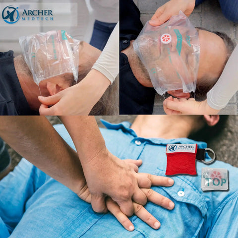 Grab And Go Pocket CPR Mask Kit With One Way Valve For Keychain Or Bag Access 6 Pack Emergency Face Shields in use demonstration